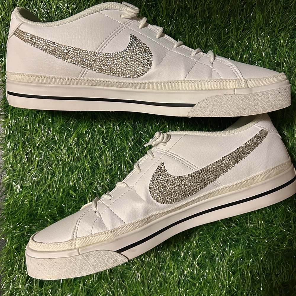 Women's White Nike Court Legacy with custom bling accents
